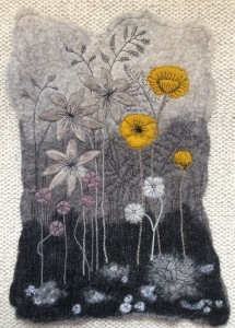 Wet felted Bergschaf and Merino wool picture entitled Yellow Poppies.